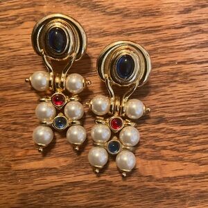 Blue Women's Imitation Stone Metallic Beaded Faux Pearl Gold Plated Earrings